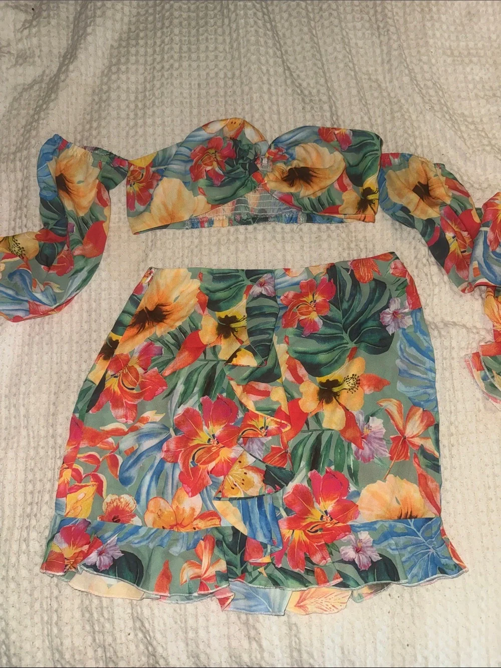 SHEIN Tropical Floral Mini Skirt Set in Green, Red, Yellow, Blue